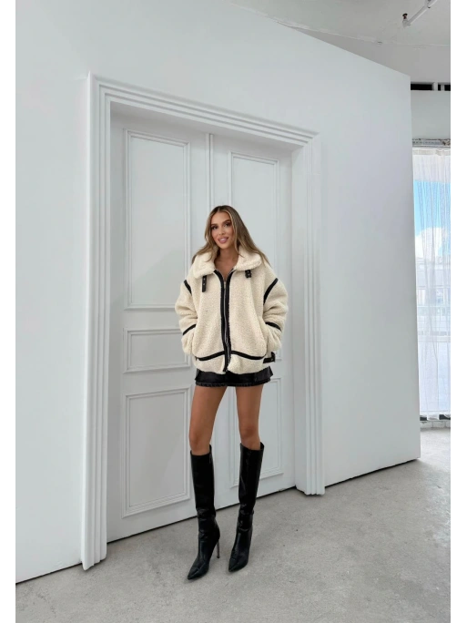 YAKA VE BEL KEMERLİ ŞERİT DETAY TEDDY MONT KREM