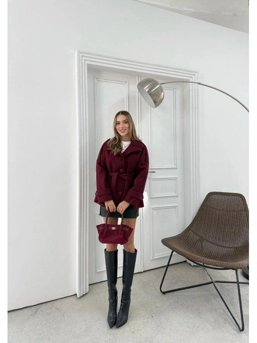 YAKA VE KOL KEMER DETAY BEL KUŞAKLI İÇ ASTARLI KAŞE TRENÇ KABAN BORDO