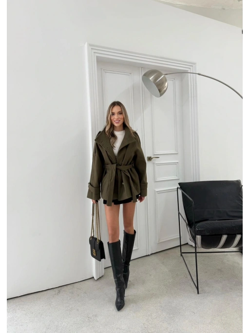 YAKA VE KOL KEMER DETAY BEL KUŞAKLI İÇ ASTARLI KAŞE TRENÇ KABAN HAKİ