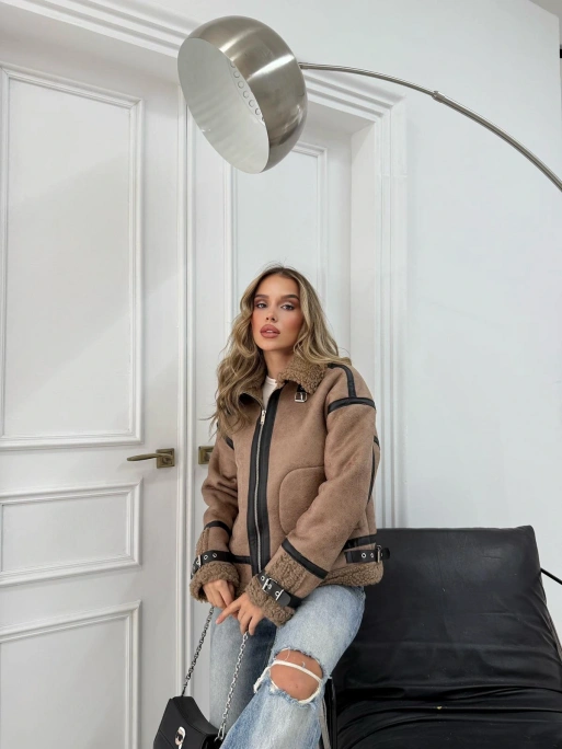 YAKA VE KOL KEMER DETAY LAMİNE İÇ KÜRKLÜ MONT KAHVE 3147