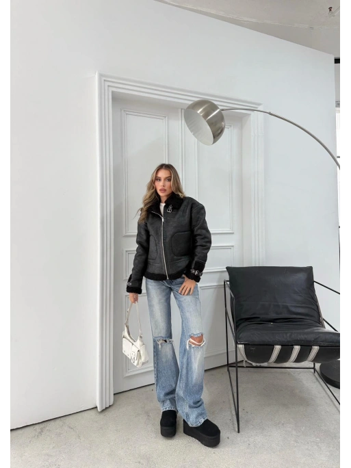 YAKA VE KOL KEMER DETAY LAMİNE İÇ KÜRKLÜ MONT SİYAH 3147