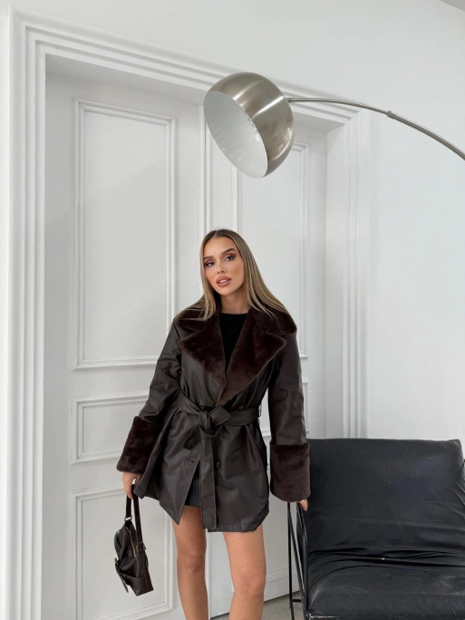 YAKA VE KOL KÜRK DETAY BEL KUŞAKLI ARA BOY DERİ MONT KAHVE