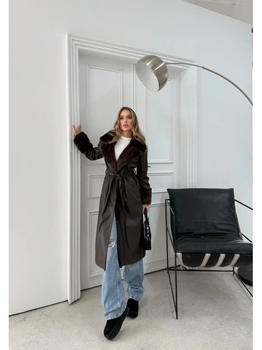 YAKA VE KOL KÜRK DETAY İÇ ASTARLI UZUN DERİ TRENÇ KAHVE