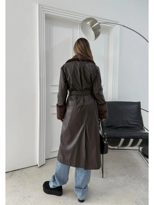 YAKA VE KOL KÜRK DETAY İÇ ASTARLI UZUN DERİ TRENÇ KAHVE