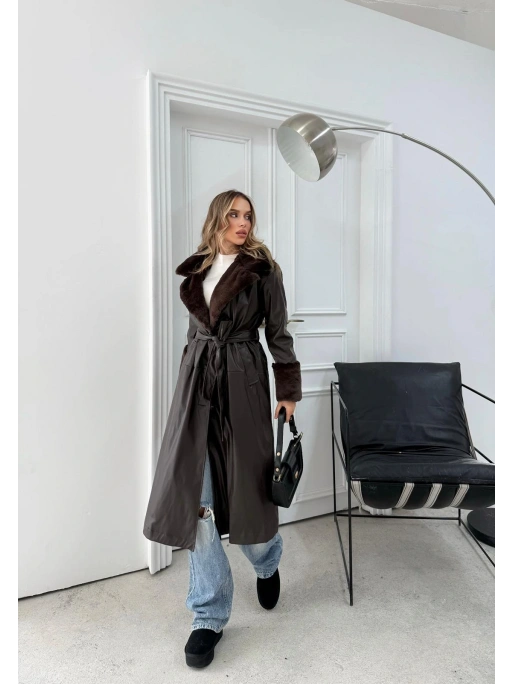 YAKA VE KOL KÜRK DETAY İÇ ASTARLI UZUN DERİ TRENÇ KAHVE