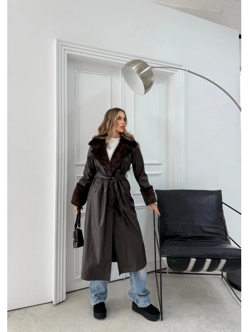 YAKA VE KOL KÜRK DETAY İÇ ASTARLI UZUN DERİ TRENÇ KAHVE