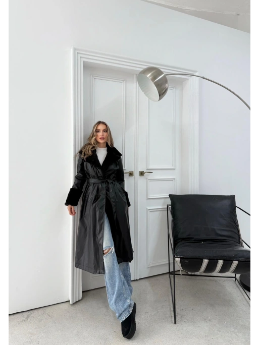 YAKA VE KOL KÜRK DETAY İÇ ASTARLI UZUN DERİ TRENÇ SİYAH