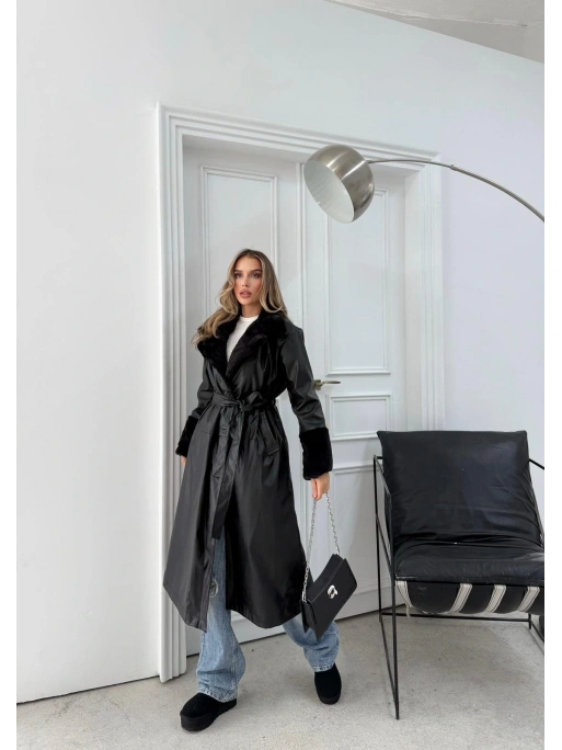 YAKA VE KOL KÜRK DETAY İÇ ASTARLI UZUN DERİ TRENÇ SİYAH