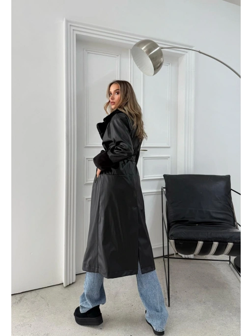 YAKA VE KOL KÜRK DETAY İÇ ASTARLI UZUN DERİ TRENÇ SİYAH