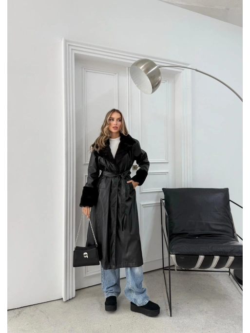 YAKA VE KOL KÜRK DETAY İÇ ASTARLI UZUN DERİ TRENÇ SİYAH