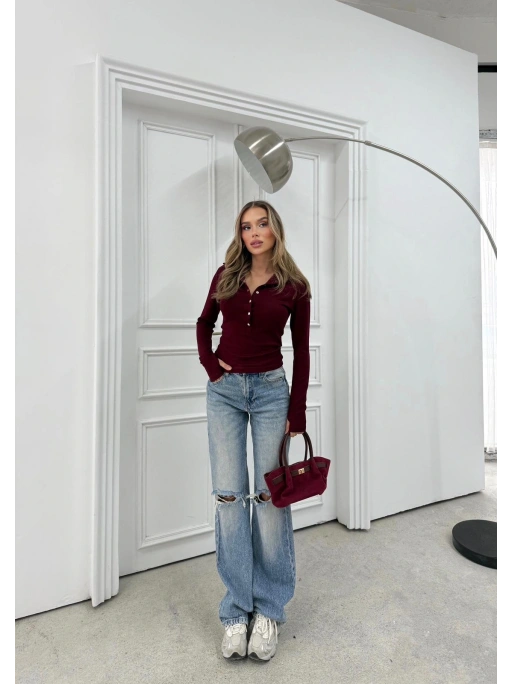 YAKALI ÇITÇITLI PARMAK GEÇMELİ MODAL BLUZ BORDO