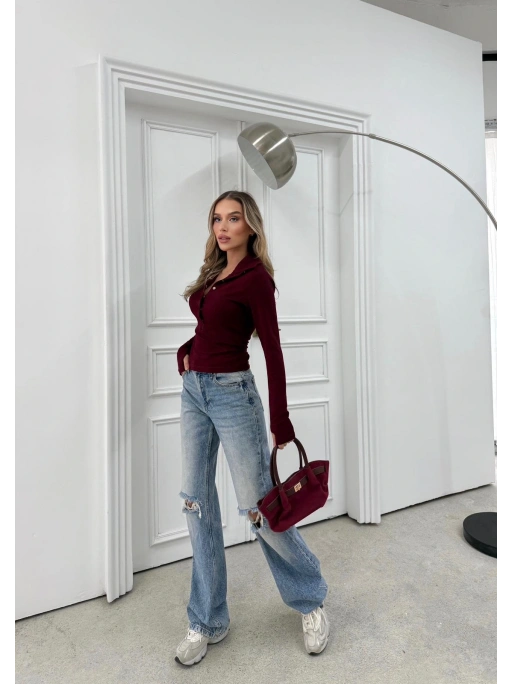 YAKALI ÇITÇITLI PARMAK GEÇMELİ MODAL BLUZ BORDO