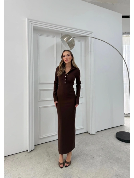 YAKALI DÜĞME DETAY FİTİLLİ OTTOMAN ELBİSE KAHVE