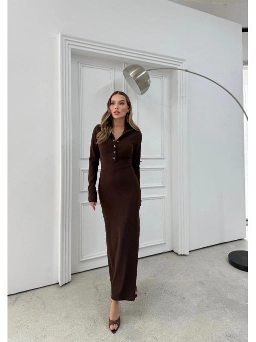 YAKALI DÜĞME DETAY FİTİLLİ OTTOMAN ELBİSE KAHVE