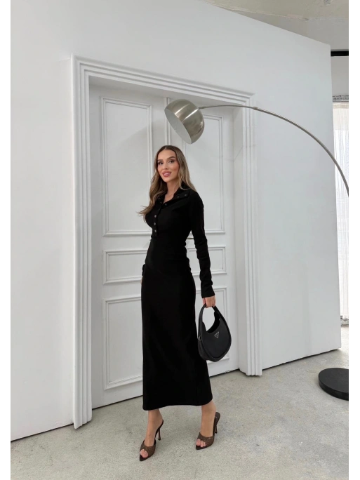 YAKALI DÜĞME DETAY FİTİLLİ OTTOMAN ELBİSE SİYAH