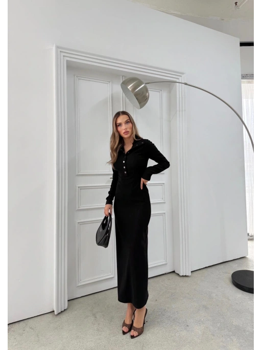 YAKALI DÜĞME DETAY FİTİLLİ OTTOMAN ELBİSE SİYAH