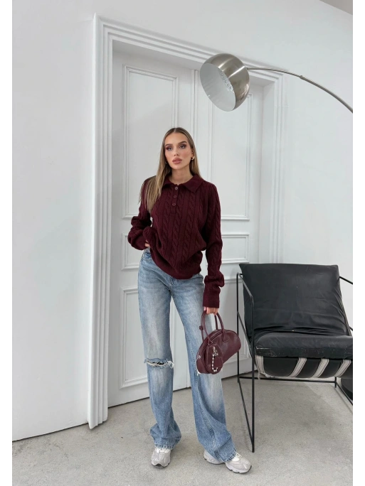 YAKALI DÜĞMELİ DETAY BAKLAVA DESEN KAZAK BORDO