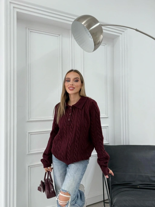 YAKALI DÜĞMELİ DETAY BAKLAVA DESEN KAZAK BORDO