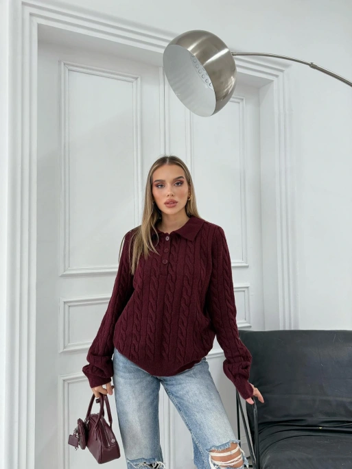 YAKALI DÜĞMELİ DETAY BAKLAVA DESEN KAZAK BORDO