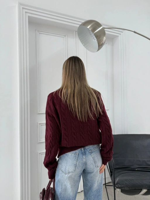 YAKALI DÜĞMELİ DETAY BAKLAVA DESEN KAZAK BORDO