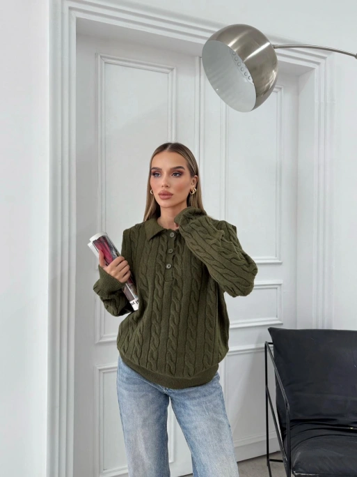 YAKALI DÜĞMELİ DETAY BAKLAVA DESEN KAZAK HAKİ