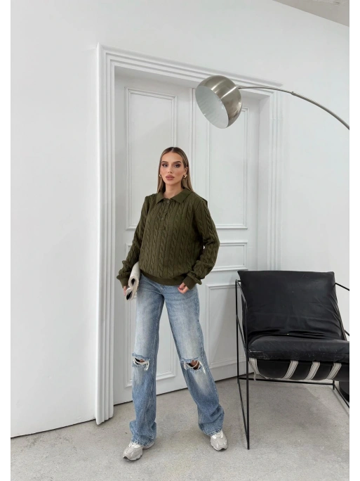 YAKALI DÜĞMELİ DETAY BAKLAVA DESEN KAZAK HAKİ