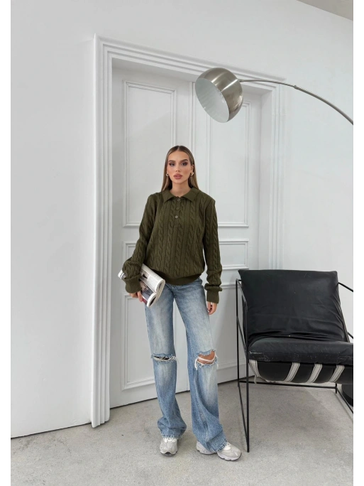 YAKALI DÜĞMELİ DETAY BAKLAVA DESEN KAZAK HAKİ