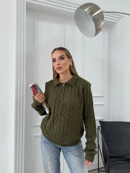 YAKALI DÜĞMELİ DETAY BAKLAVA DESEN KAZAK HAKİ