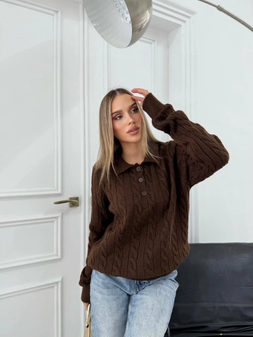 YAKALI DÜĞMELİ DETAY BAKLAVA DESEN KAZAK KAHVE