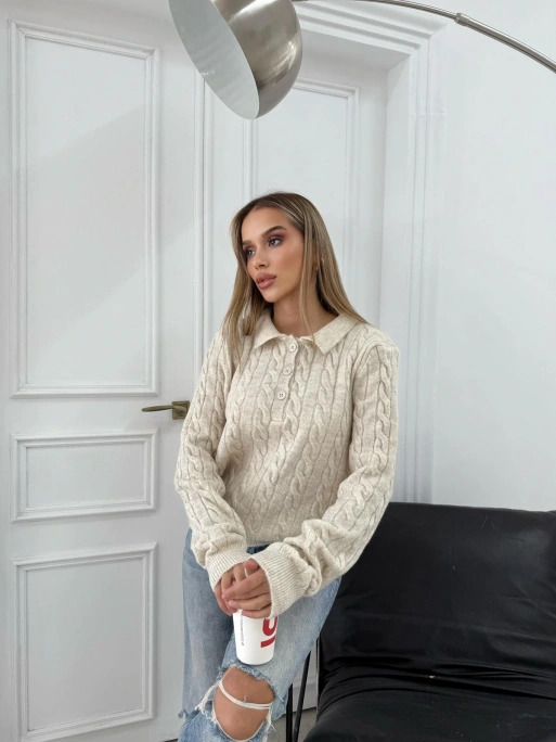 YAKALI DÜĞMELİ DETAY BAKLAVA DESEN KAZAK KREM