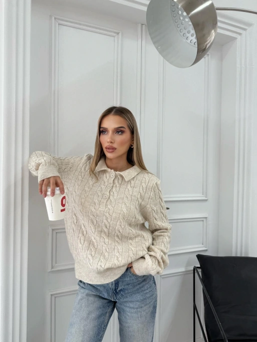 YAKALI DÜĞMELİ DETAY BAKLAVA DESEN KAZAK KREM