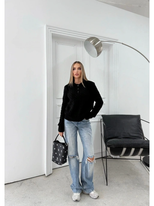 YAKALI DÜĞMELİ DETAY BAKLAVA DESEN KAZAK SİYAH