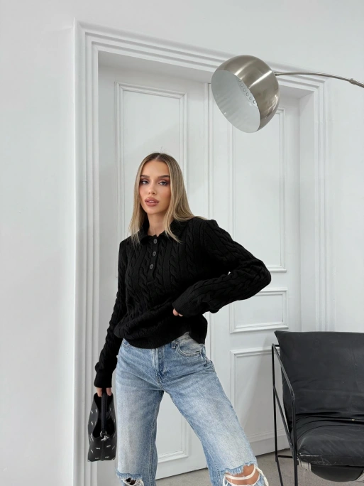 YAKALI DÜĞMELİ DETAY BAKLAVA DESEN KAZAK SİYAH