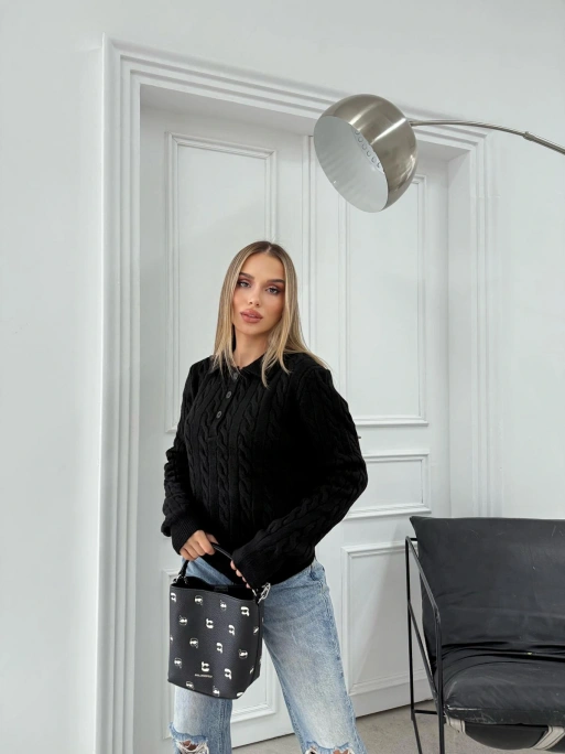 YAKALI DÜĞMELİ DETAY BAKLAVA DESEN KAZAK SİYAH