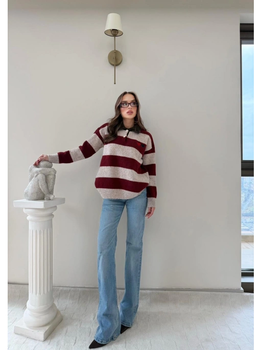 YAKALI KALP NAKIŞ DETAY ÇİZGİLİ SALAŞ KAZAK BORDO