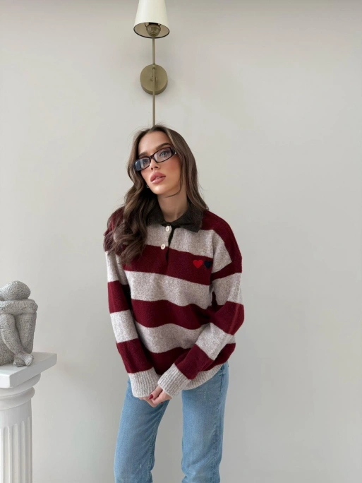 YAKALI KALP NAKIŞ DETAY ÇİZGİLİ SALAŞ KAZAK BORDO