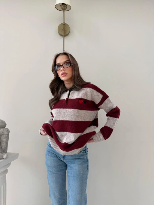 YAKALI KALP NAKIŞ DETAY ÇİZGİLİ SALAŞ KAZAK BORDO