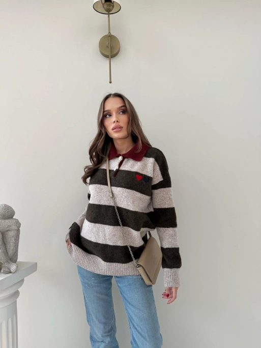 YAKALI KALP NAKIŞ DETAY ÇİZGİLİ SALAŞ KAZAK KAHVE