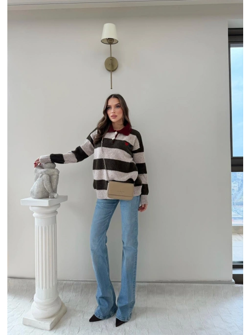 YAKALI KALP NAKIŞ DETAY ÇİZGİLİ SALAŞ KAZAK KAHVE