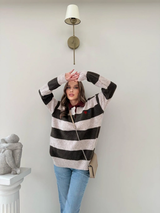 YAKALI KALP NAKIŞ DETAY ÇİZGİLİ SALAŞ KAZAK KAHVE