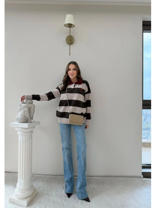 YAKALI KALP NAKIŞ DETAY ÇİZGİLİ SALAŞ KAZAK KAHVE