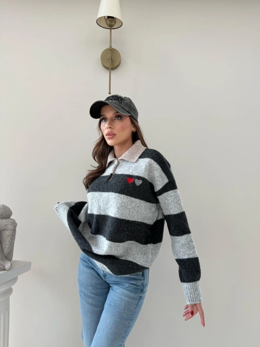 YAKALI KALP NAKIŞ DETAY ÇİZGİLİ SALAŞ KAZAK SİYAH