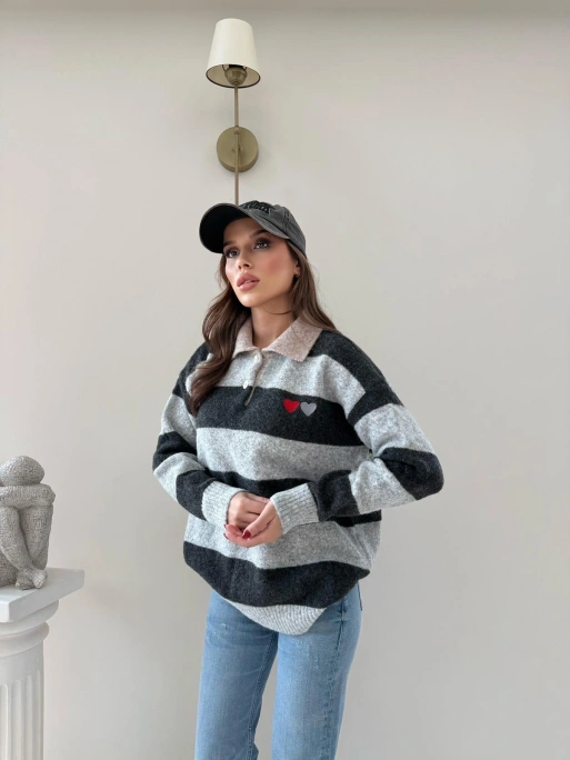 YAKALI KALP NAKIŞ DETAY ÇİZGİLİ SALAŞ KAZAK SİYAH