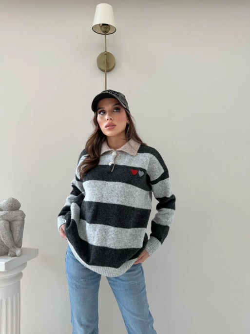 YAKALI KALP NAKIŞ DETAY ÇİZGİLİ SALAŞ KAZAK SİYAH