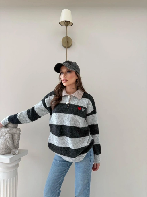 YAKALI KALP NAKIŞ DETAY ÇİZGİLİ SALAŞ KAZAK SİYAH