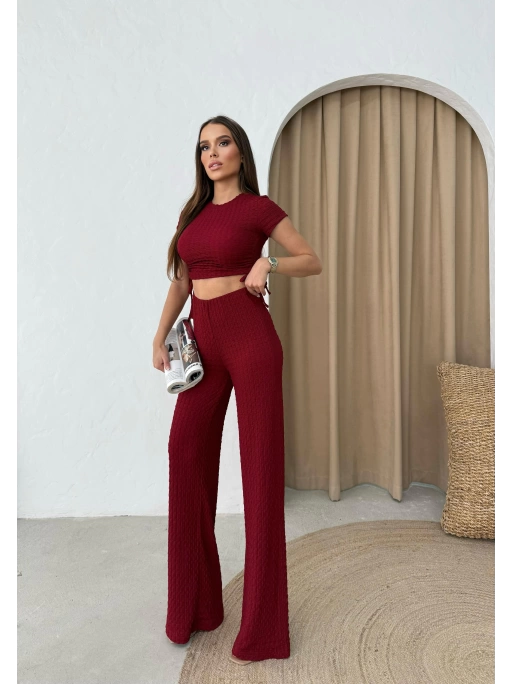 YAN BÜZGÜ DETAY BLUZ VE PANTOLONLU GOFRE İKİLİ TAKIM BORDO