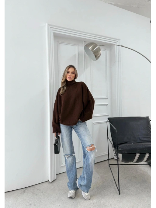 YARASA KOL BOĞAZLI OVERSİZE KAZAK ACI KAHVE