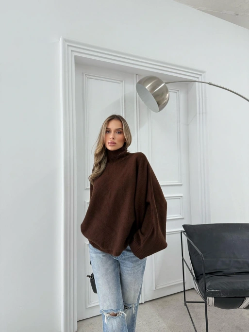 YARASA KOL BOĞAZLI OVERSİZE KAZAK ACI KAHVE