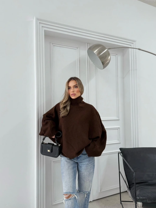 YARASA KOL BOĞAZLI OVERSİZE KAZAK ACI KAHVE