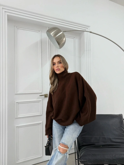 YARASA KOL BOĞAZLI OVERSİZE KAZAK ACI KAHVE